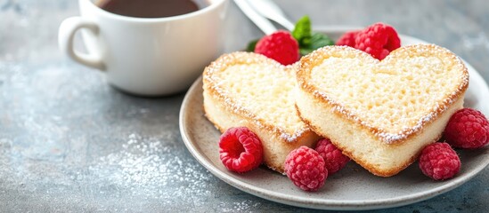Heart-shaped sponge pastries with raspberries served alongside a cup of coffee on a rustic table setting for a romantic dessert.