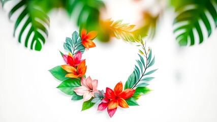 Vibrant Floral Wreath with Tropical Leaves on White Background, Ideal for Invitations, Cards, and Design Projects