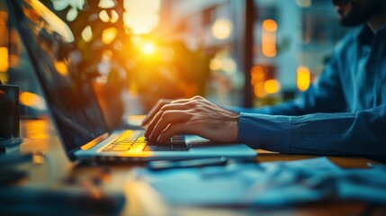 Close-up of a Man's Hands Typing on a Laptop in a Coffee Shop