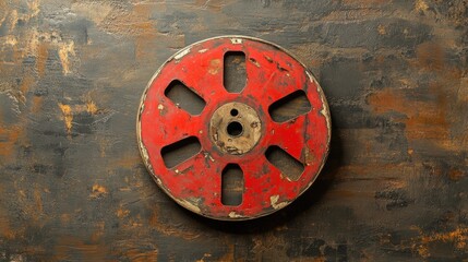 Obraz premium Vintage red motion picture film reel against a textured background showcasing the nostalgia of classic cinema and filmmaking history