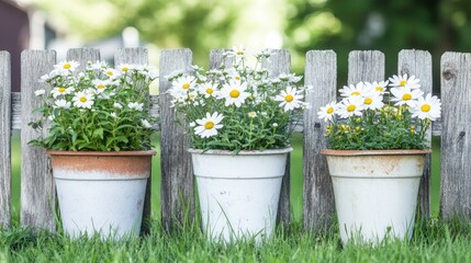 Blooming daisies in flower pots on a rustic wooden fence with green grass creating a charming terrace and patio gardening atmosphere