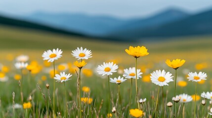 Obraz premium Wildflowers in the Meadow: A vibrant meadow filled with white and yellow wildflowers, their petals reaching towards the blue sky, with mountains in the background. The image evokes a sense of peace.