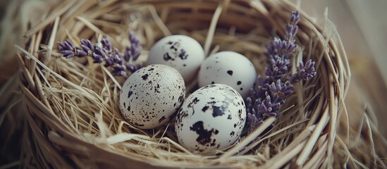 Obraz premium Quail eggs in a rustic basket with lavender and dry flowers on straw against barn wood, viewed from above in vintage style.