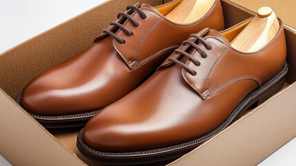 Brown leather dress shoes in a stylish box with wooden shoe trees showcasing elegance and classic craftsmanship for footwear advertising