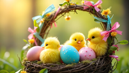 Rustic Easter wreath with lavender and eggs on stone wall
