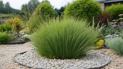 Obraz premium Luzula pilosa lush green clump of hairy wood rush in landscaped garden surrounded by decorative pebbles and shrubs