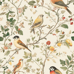 Watercolor Bird and Floral Seamless Pattern
