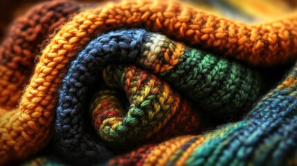 Colorful knitted blanket rolled up close-up showcasing intricate patterns and textures in warm tones ideal for cozy home settings.