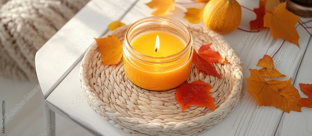 Sticker Candle in a jar surrounded by autumn leaves on a white wooden table creating a cozy and warm atmosphere