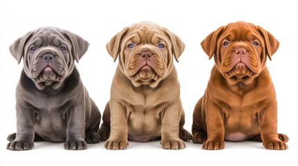 Obraz premium Three adorable Mastino puppies in grey, brown, and black colors sitting together showcasing their training and playful personality.