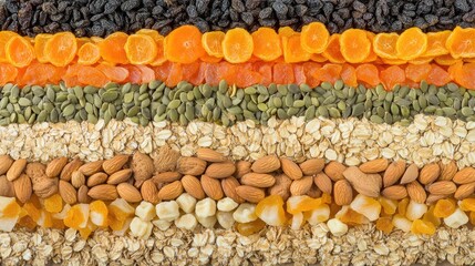 Fototapeta premium Assorted seeds nuts and dried fruits arranged in colorful layers promoting healthy eating and organic food choices from a top view perspective