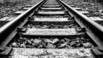 Weathered railway tracks with gravel in black and white capture the essence of vintage transportation in a tranquil southern landscape.