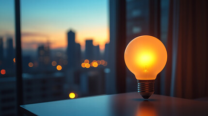 glowing lightbulb on a table against a softly blurred background symbolizes innovation creativity bright ideas and inspiration representing moments of clarity and potential for problem-solving
