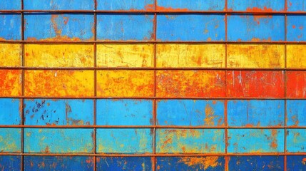 Rusty painted scaffolding panels in vibrant blue, yellow, and red suitable for construction backgrounds or industrial design themes.