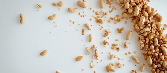 Peanuts scattered on a white background showcasing their textures and shapes ideal for food and snack-related designs.