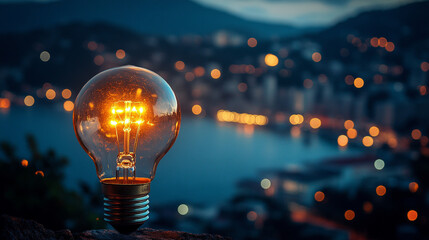 glowing lightbulb on a table against a softly blurred background symbolizes innovation creativity bright ideas and inspiration representing moments of clarity and potential for problem-solving