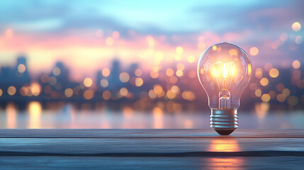 glowing lightbulb on a table against a softly blurred background symbolizes innovation creativity bright ideas and inspiration representing moments of clarity and potential for problem-solving
