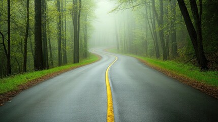 Obraz premium Curved forest road winding through lush greenery in a tranquil misty rainforest ecosystem showcasing nature's serene beauty.
