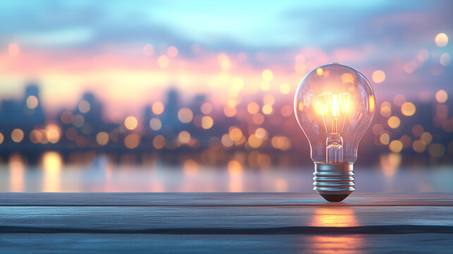 glowing lightbulb on a table against a softly blurred background symbolizes innovation creativity bright ideas and inspiration representing moments of clarity and potential for problem-solving