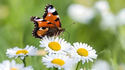 Fototapeta premium A butterfly perched on several daisies, Generative AI 