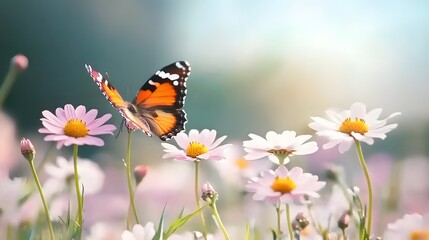 A butterfly perched on several daisies, Generative AI 