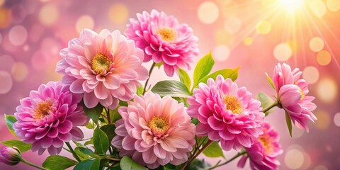 Fototapeta premium Delicate pink dahlias bloom gracefully against a soft pink and yellow bokeh background, bathed in warm sunlight.
