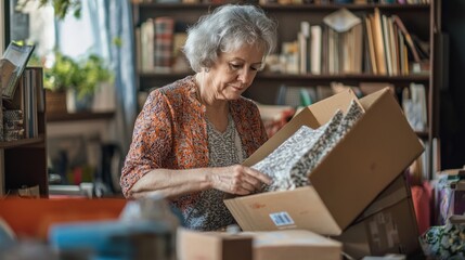 A Baby Boomer woman sorting through her belongings, deciding what to keep as she downsizes.