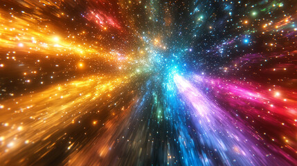 Fototapeta premium Vibrant colored light rays resembling constellations streaming across a dark cosmic background evoking themes of wonder connection energy and the vast mysteries of the universe