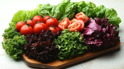 Fresh green lettuce salad with ripe tomatoes and assorted vegetables on a wooden platter against a light backdrop for healthy eating concepts