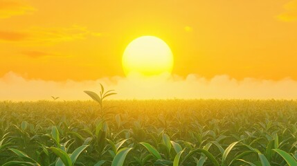 Obraz premium Serene sunrise over lush green tea plantations enveloped in fog with vibrant sun radiating warm light