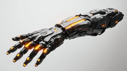 High-detail robot hand pointing outward, futuristic design with glowing accents, set on white background