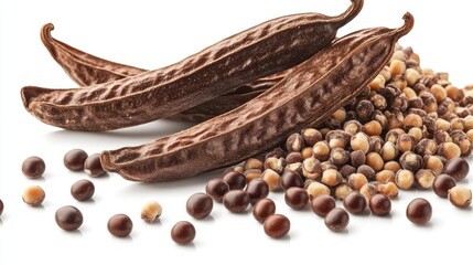 Obraz premium Ripe carob pods and beans arranged on a white background showcasing their natural textures and colors in full depth of field.