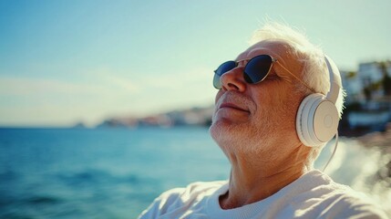 A Baby Boomer listening to music on headphones, enjoying a moment of peace with their favorite tunes.