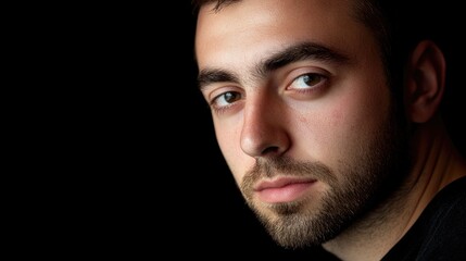Obraz premium Young man portrait on dark backdrop showcasing intensity and emotion in facial expression and lighting contrast.