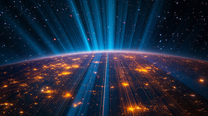 Vibrant colored light rays resembling constellations streaming across a dark cosmic background evoking themes of wonder connection energy and the vast mysteries of the universe