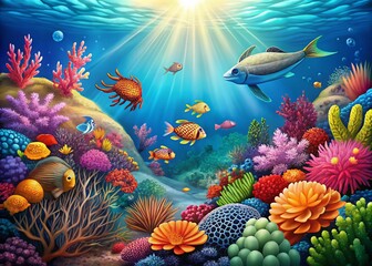 Fototapeta premium Create a Stunning Coral Reef Illustration Showcasing Vibrant Colors and Diverse Marine Life with Ample Copy Space for Creative Use in Environmental Awareness Campaigns