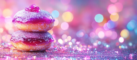 Colorful Krapfen donuts with jam and icing sugar on vibrant sparkly background ideal for festive dessert promotions and culinary themes