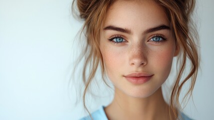 Fototapeta premium Young nurse portrait with blue eyes and natural makeup on white background showcasing healthcare professionalism and youthful beauty