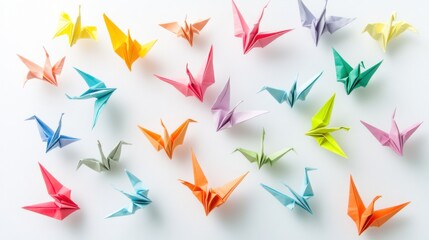 Obraz premium An inspiring scene of a collection of diverse, multi-colored origami cranes forming a vibrant, interconnected display against a light background
