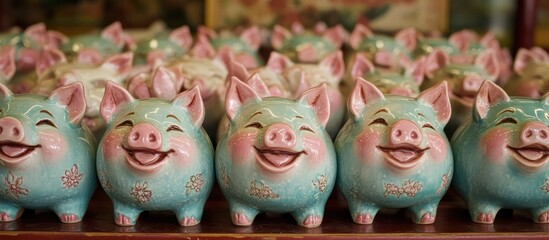 Colorful traditional pottery piggy banks displayed in rows showcasing unique designs promoting savings and cultural souvenirs for purchase.