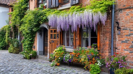 Fototapeta premium Charming Belgian Brick House Adorned with Abundant Wisteria and Flowers