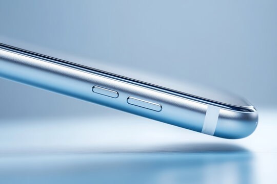 Close-up of the edge and button on a smartphone, floating in the air, with a soft blue background, light silver and dark azure tones, minimalistic design, macro view, product photography.