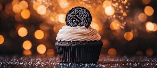 Oreo cookie cupcake with cream frosting and bokeh background highlighting delicious dessert concept for advertising and marketing purposes