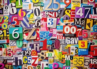 Creative Magazine and Newspaper Cutout Featuring Bold Numbers and Alphabet Letters in High Depth of Field, Perfect for Graphic Design and Artistic Projects