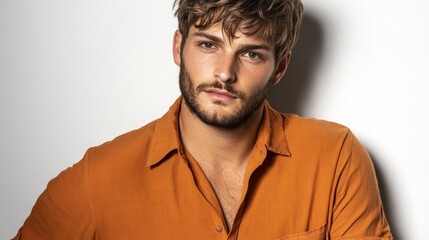Obraz premium Confident man in stylish orange shirt posing elegantly against a clean white background