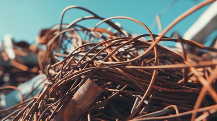 Rusty metal wires against a clear blue sky showcasing texture and the contrast of decay in an industrial landscape.