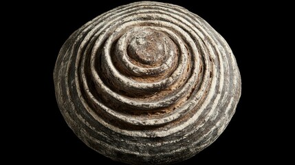 Rustic Round Sourdough Bread with Spiral Crust Texture Captured From Above on a Dark Background