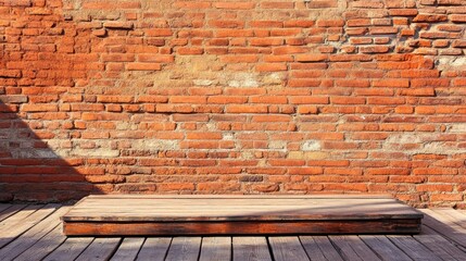 Red brick wall texture with natural color backdrop and wooden terrace flooring for interior design and architectural projects.