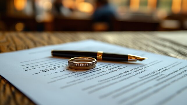 A wedding ring and pen rest on a document, suggesting a significant agreement.