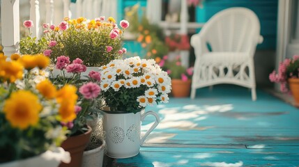 Charming outdoor cafe surrounded by colorful flowers creating a serene garden retreat for relaxation and casual gatherings